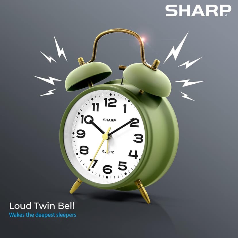 Sharp Twin Bell Alarm Clock, Loud Alarm Great for Heavy Sleepers - Stylish Matte Finish with Rustic Bronze Accents, Battery Operated (Matte Sage)