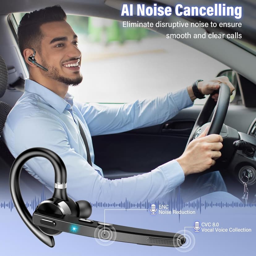 Thunelec Bluetooth Headset, Wireless Bluetooth 5.3 Earpiece, 90Hrs Hands Free Headset with APTX HD Audio & Mute Button, Dual Noise Cancelling Mics, Single-Ear Headphone for Trucker/Business/Office/Gym