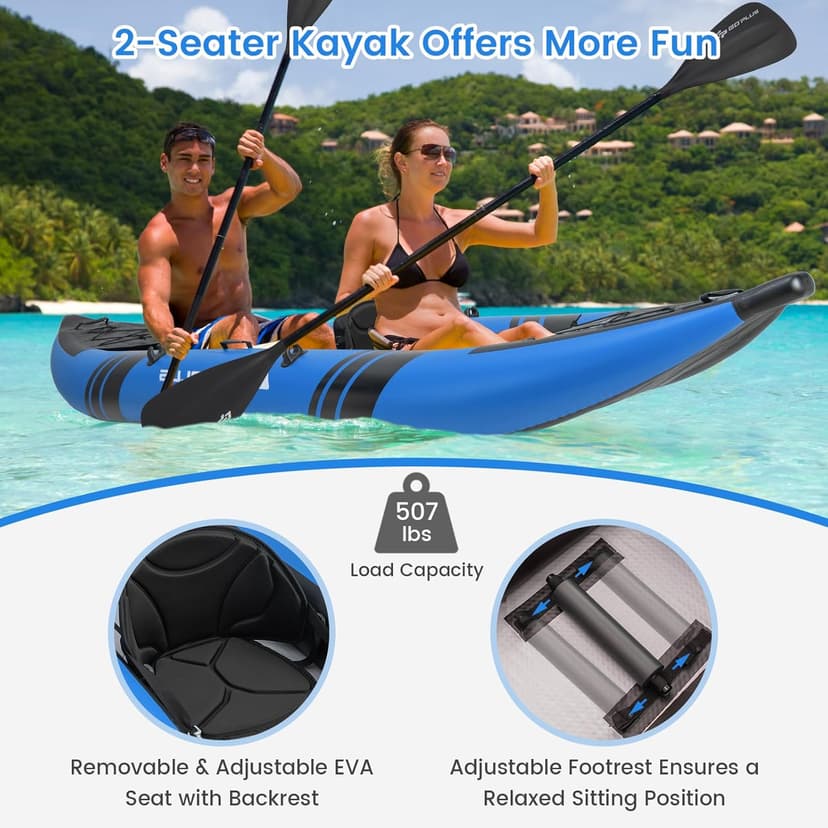 Goplus Tandem Inflatable Kayak, 12.5FT 2-Person Kayak for Adults w/507 LBS Weight Capacity, 2 Aluminium Oars, Padded Seat, 2 Fins, Hand Pump, Carry Bag, Repair Kit, Portable Touring Kayaks
