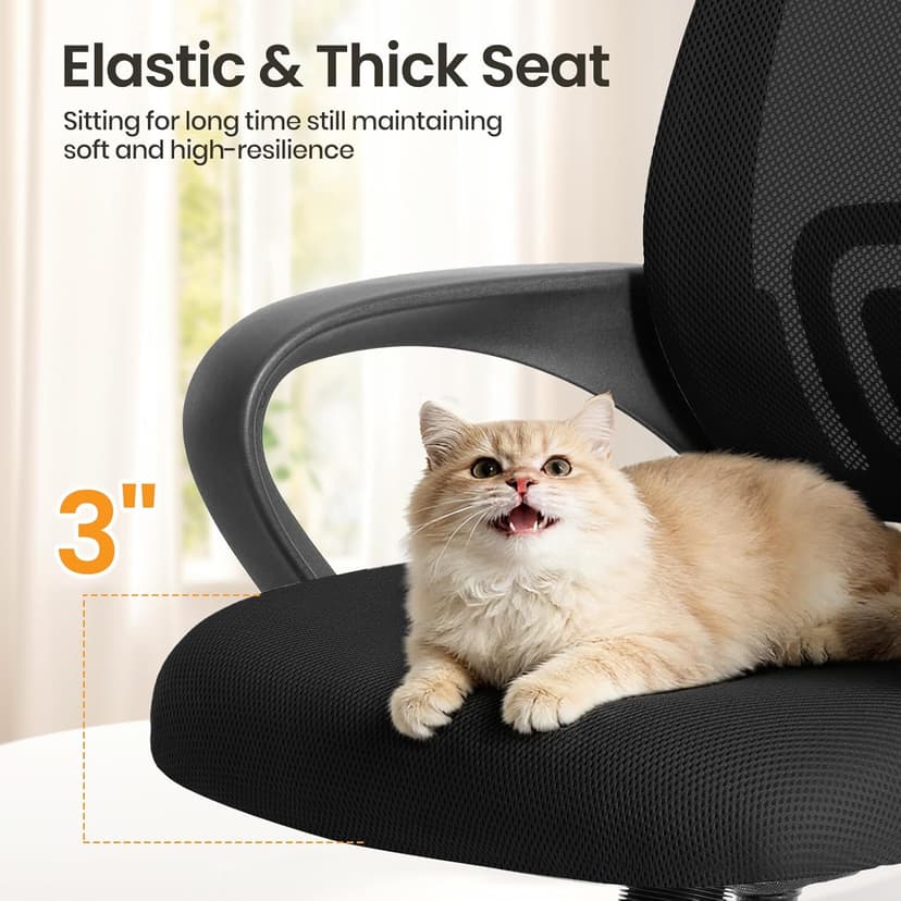 OLIXIS Office Desk Chair - Ergonomic Mid Back with Lumbar Support & Rocking Mode, Height Adjustable with Fixed Armrest, Storage Back for Computer, Gaming, Conference, Meeting, 360° Swivel, Black