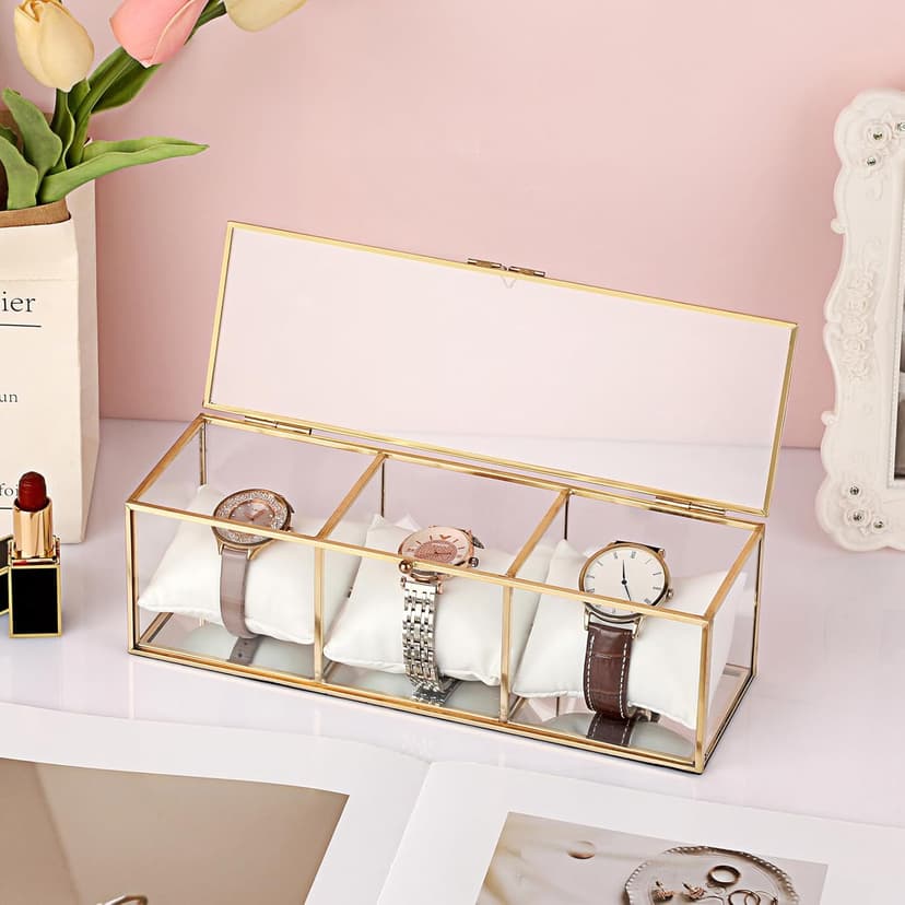JUXYES JUXYES Clear Glass Watch Display Case with 3 Slots, Luxury Brass Glass Watch Organizer Holder Stand with White Watch Pillow, Modern Transparent Watch Collection Box for Men and Women, Gold