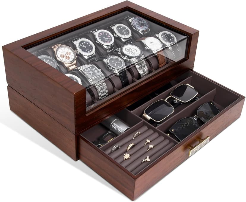 KAMIER High End Watch Box for Men, 12 Slot Wooden Watch Case With Drawer, Watch Display Box with Glass Lid, 2-Layer Watch Holder for Jewelry and Watch Storage for Men Women , Ideal for Gift (With Gift Box)