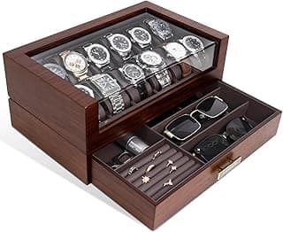 KAMIER High End Watch Box for Men, 12 Slot Wooden Watch Case With Drawer, Watch Display Box with Glass Lid, 2-Layer Watch Holder for Jewelry and Watch Storage for Men Women , Ideal for Gift (With Gift Box)