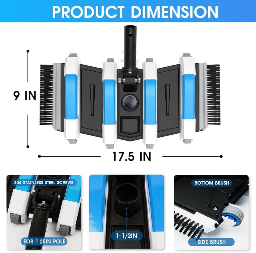 Enhanced Pool Vacuum Head with Direction-Control Handle - Extra-Wide 4LB Professional Weighted Vac Heads Brush & Wheels for Vinyl Liner-Deep Cleaning for Inground & Above Ground Swimming Pool - Blue