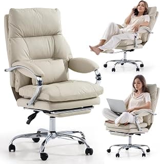 LEAGOO Office Chair with Foot Rest, Ergonomic Executive Office Chair with Arms, Reclining High Back PU Leather Comfy Swivel Computer Desk Chairs with Wheels and Lumbar Support for Home Office, Cream