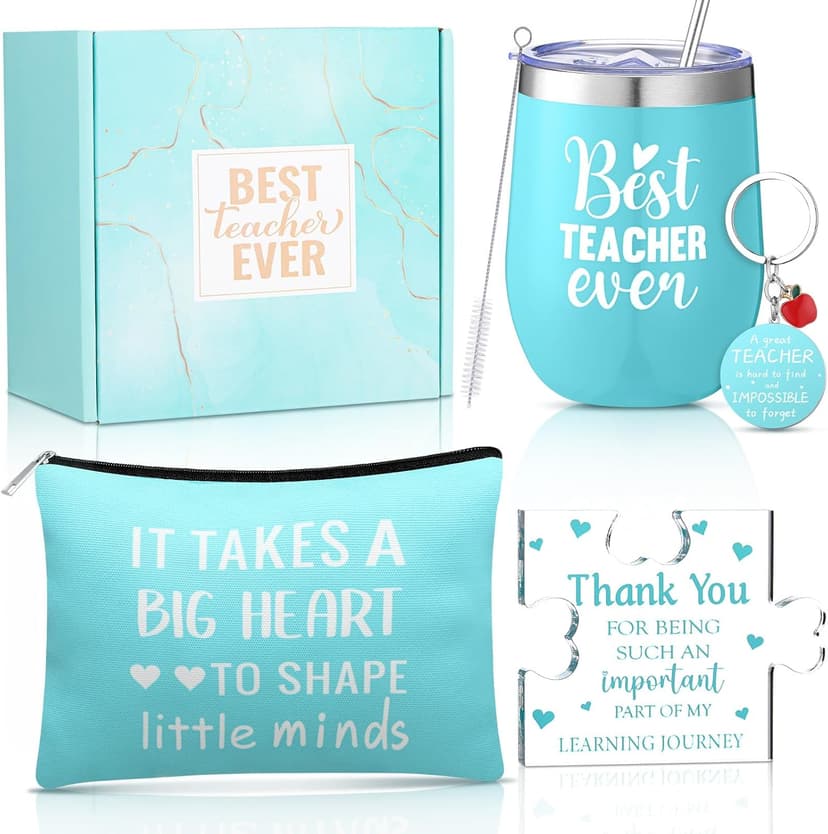 Patelai 5 Pcs Teacher Appreciation Gift Set for Women End of The Year Teacher Gifts Include 12oz Tumbler Makeup Bag Acrylic Sign Keychain Gift Box Thank You Presents for Teachers' Day Birthday(Teal)