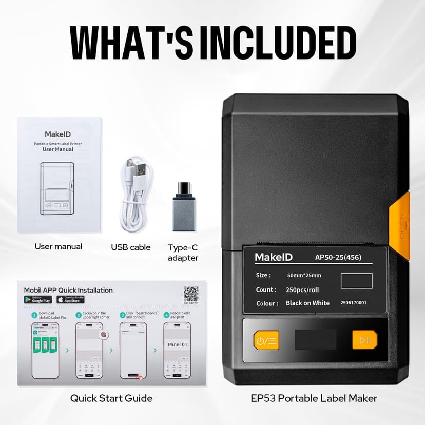 Makeid EP53 Portable Industrial Label Maker, 2" Print Head Bluetooth Label Printer, Mobile APP & PC Editor Compatible, 2000mAh Li-ion Battery, Come with 1" H x 2" W Label for Job Sites