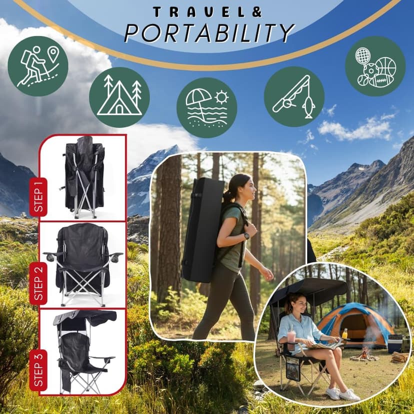 Portable Folding Camping Chairs with Canopy Shade, Beach Chair for Adults, Durable Weather Resistant 600D Oxford Cloth, Camping Chair with Canopy for Outdoors [Black]