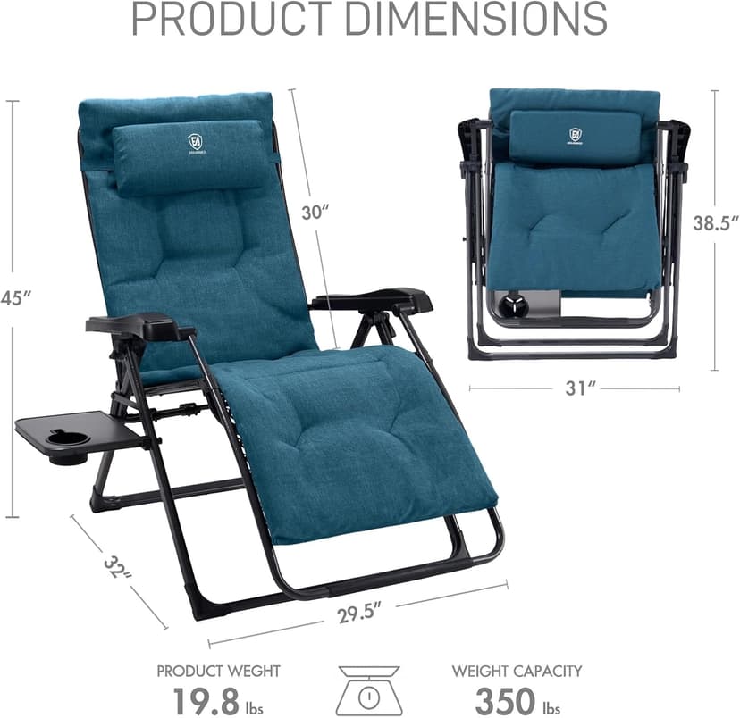 EVER ADVANCED Thick Padded Zero Gravity Chair, Oversized Reclining Lounge Chair with Adjustable Headrest & Cup Holder, Heavy Duty Support 350 lbs, Foldable for Camping, Lawn, Outdoor & Indoor, Green