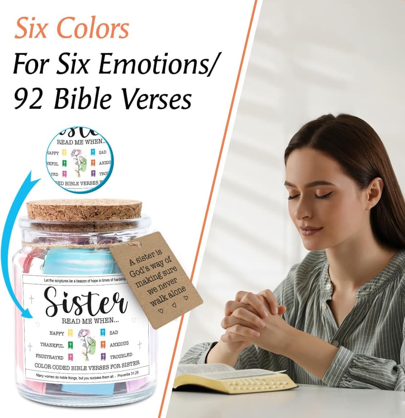 NewEleven Sister Birthday Gifts - Gift For Sister, Soul Sis, Sisters In Law - Sisters Gifts From Sister, Brother, Friend, Family - Decorative Glass Scripture Jar With 92 Bible Verse