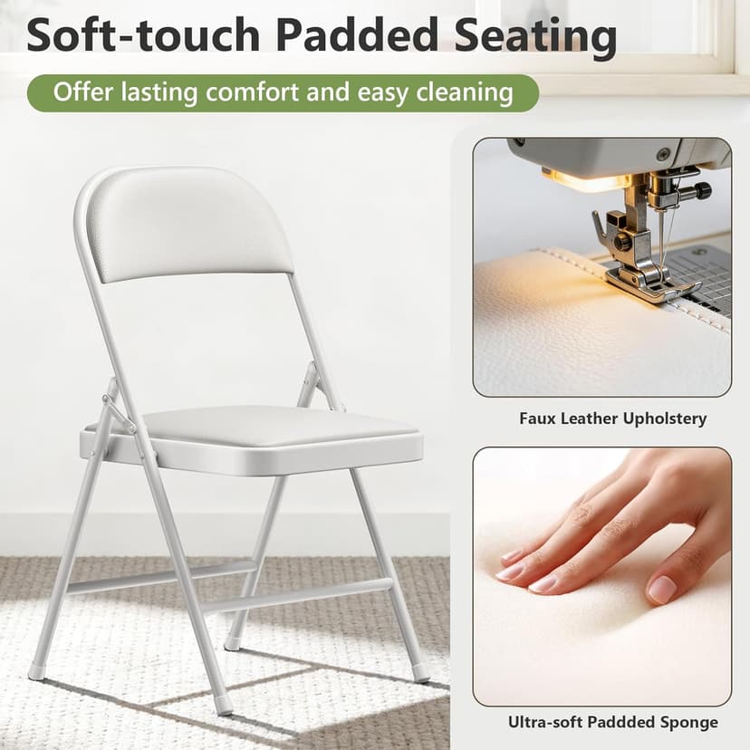 Folding Dining Chairs Set of 2 - Modern PU Leather Folding Chairs with Cushion Seat & Back Metal Legs Kitchen Chairs Folding Chair Set for Kitchen/Living Room/Bedroom/Parties (White)