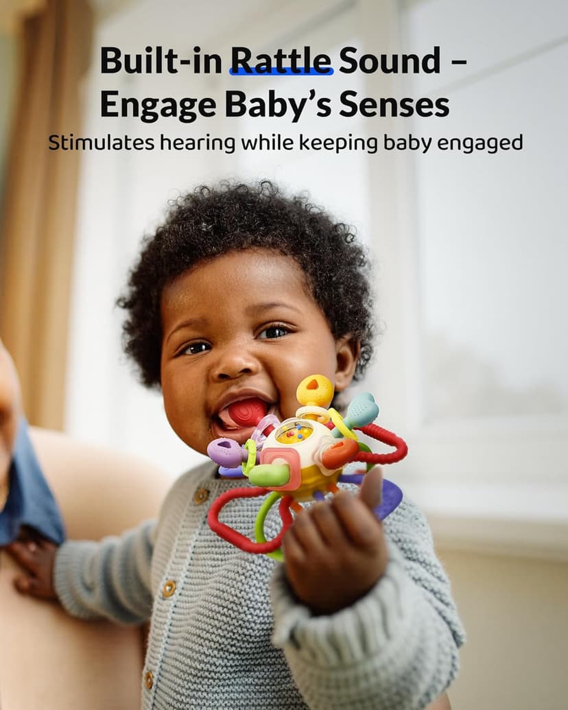 Baby Montessori Sensory Teething Toy - Safe, Multi-Functional BPA-Free Silicone Teether for Babies 0-12 Months - Teething Relief & Fun Play with Rattle - Perfect Baby Toys for Boys & Girls