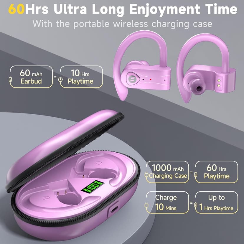 Bluetooth Headphones Noise Canceling 4 Mics Clear Call Stereo Bass Sound 60H Playtime Wireless Charging Case Over Ear Earphones LED Digital Display Headset with Earhooks for Sports Running Workout Gym