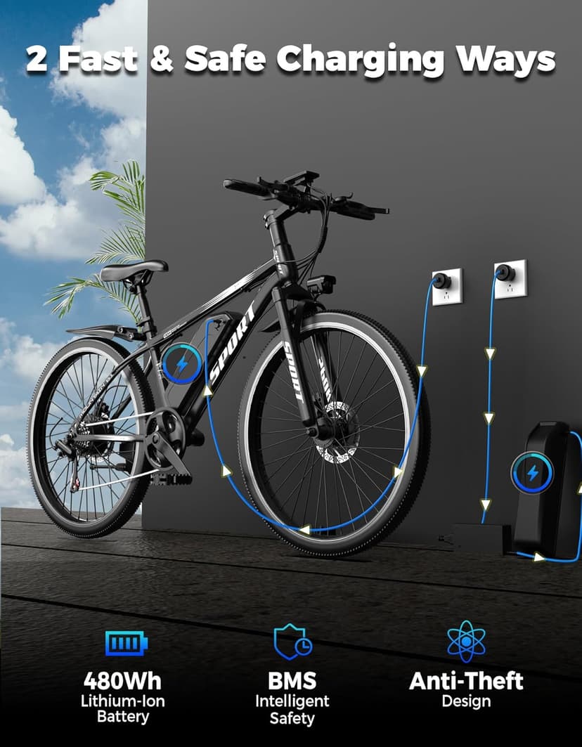 Electric Bike for Adults, 1500W Peak Mountain Ebike with 25 MPH, 65 Miles Range, 7 Speeds, 48V 10Ah Removable Battery 26" Ebike for Commute