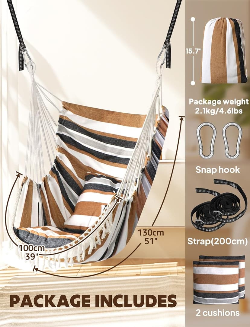 Chihee Hammock Chair Hanging Swing 2 Pillows Included,Strong Webbing Straps and Hooks for Easy Hanging Soft Cotton Hanging Chair Side Pocket Tassel Chair Comfort Indoor Outdoor Brown Stripes