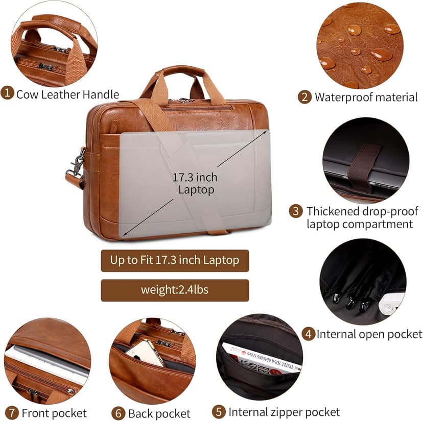 Faux Leather Messenger Bag for Men | 17-17.3 Inch Leather Mens Laptop Bag Leather Briefcasen Convertible Backpack 3 in 1 Computer Handbags Work Bag Shoulder Crossbody Bag Office | Vintage Brown