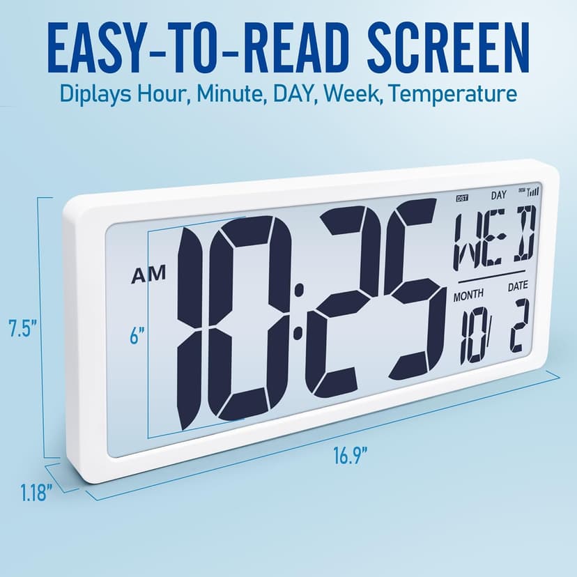Large Digital (6" Numbers) Wall Clock Battery Operated, 18.4" Walll Clock Display with Day, Date & Temperature, Large Wall Clock for Bedroom, Livingroom, Office