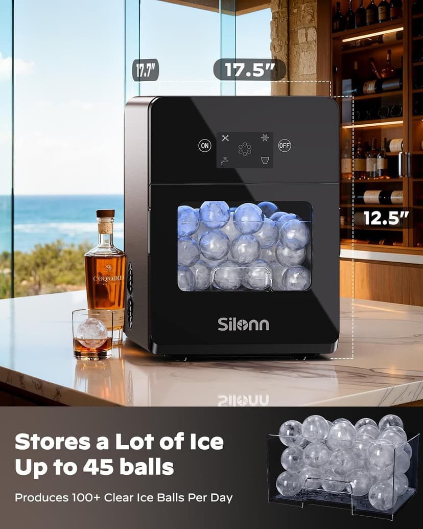 Silonn 2.4″ Sphere Ice Maker, Clear Ice Ball Maker with Slow-Melting, 3 pcs in 40 Mins, 100 pcs/Day, Crystal Sphere & Rapid Sphere Technology, Self-Cleaning Ice Maker Countertop Ideal for Whiskey