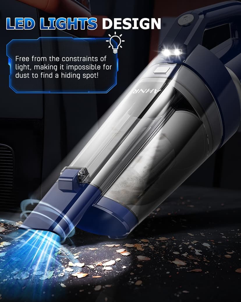 AHNR Handheld Vacuum Cordless, 16000PA Powerful Suction Hand Held Vacuum Dust Busters Cordless Rechargeable with LED Light & 2 HEPA Filters, Portable Car Vacuum Cleaner High Power for Car Home Office