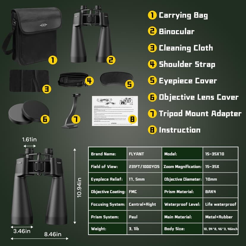 15-35x70 Binoculars for Adults High Powered, 35x HD Zoom for Stargazing & Bird Watching, Waterproof Binocular with Tripod Adapter, Ideal Essentials for Cruise Ship, Travel, Camping, Outdoor, Hunting