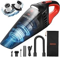 AstroAI Handheld Car Vacuum Cordless with Accessories, Portable Vacuum Cleaner with 12V DC Power, LED Light, Brush, Extended Suction Pipe, Hose, Mini Handheld for Car, Home, Office, and Pet Hair, Red