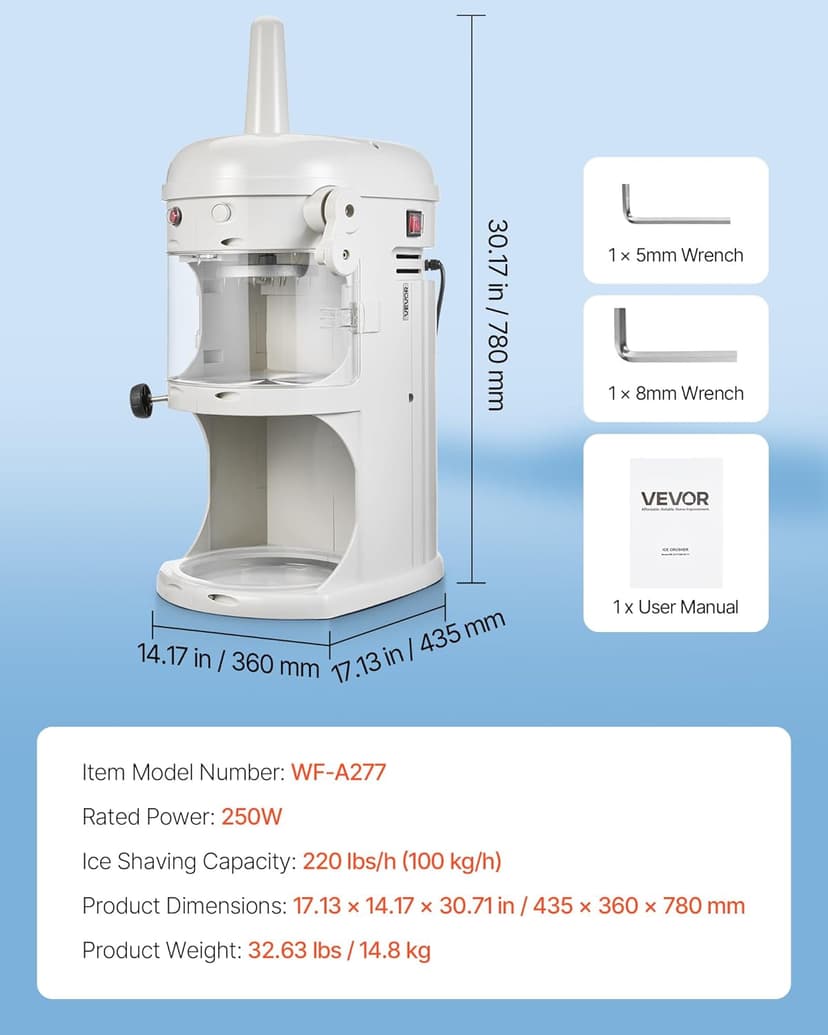 VEVOR Commercial Ice Shaver Crusher, 220lbs/hr Electric Fluffy Ice & Snow Cone Machine, 250W 1500RPM Tabletop Fluffy Shaved-Ice Machine for Parties Events Snack Bar, Home and Commercial Use (White)