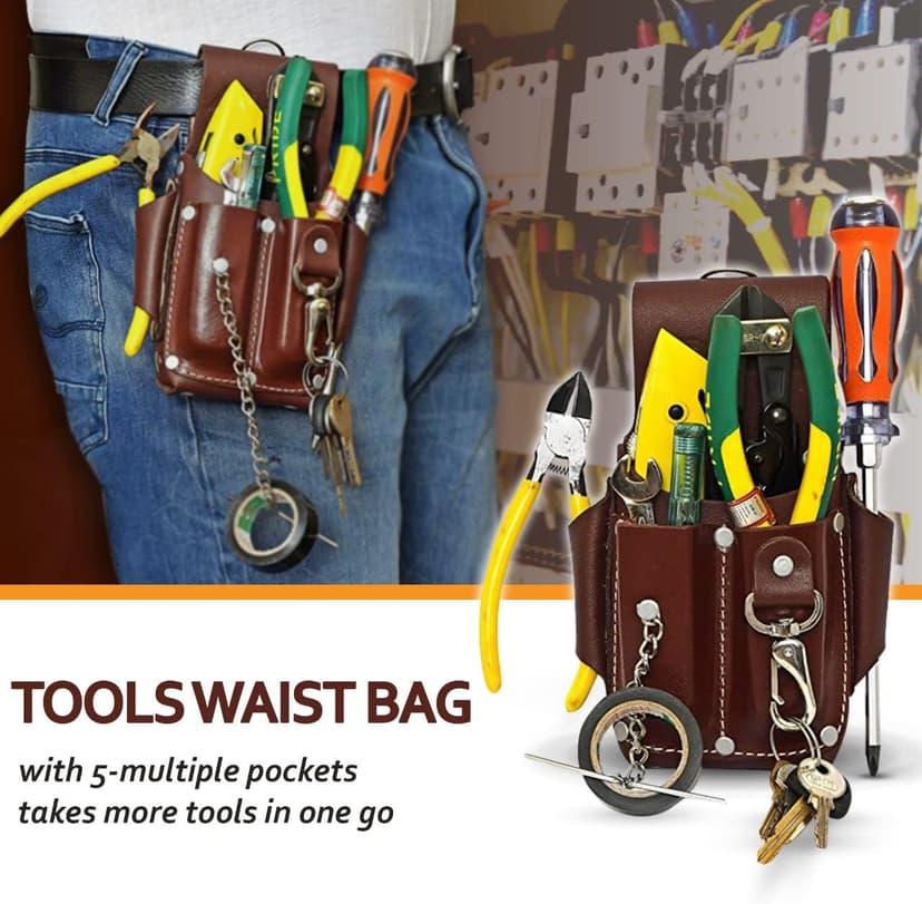 Ap-Leather Pro-5 Electrician Pouch, Leather Tool Pouch, 5 Pocket Pouch with Electrical Tape Holder, Durable Compartments, Tool Pouch with Belt Clip, Dark Brown