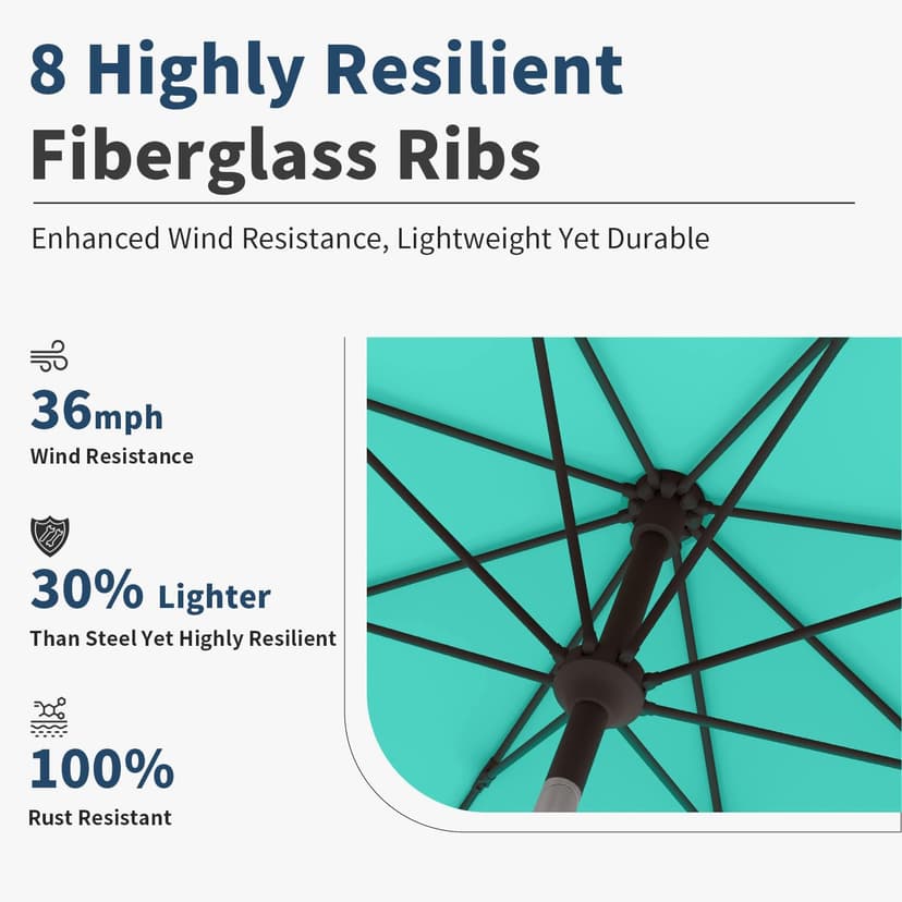 9FT Patio Umbrella with Fiberglass Ribs, Outdoor Market Table Umbrella with Crank and Tilt, UV Resistant Waterproof Canopy for Patio, Garden, Deck, Pool, Turquoise Blue