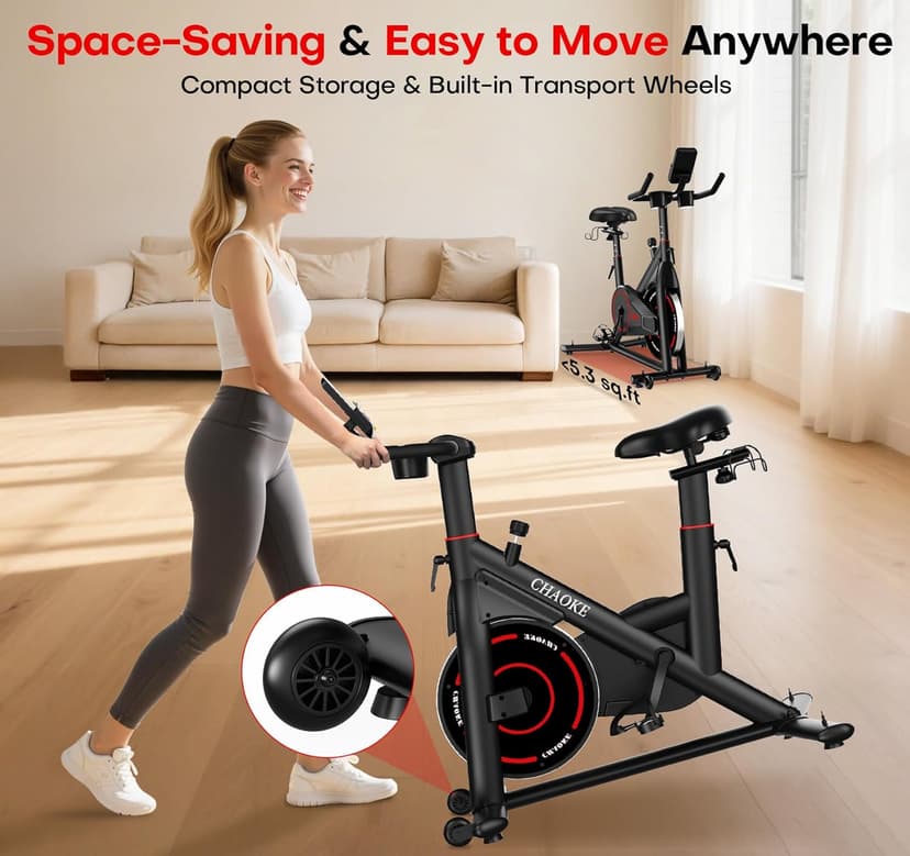 CHAOKE Exercise Bike, Quiet Adjustable Magnetic Stationary Bike for Home Cardio with App Compatible, 350LB Weight Capacity Indoor Cycling Bike with Large Seat, Dumbbell Rack, Pull Cords & LCD Display