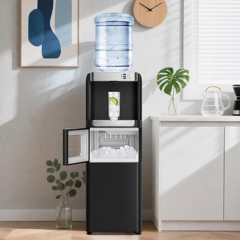 4 in 1 Water Cooler Dispenser with Ice Maker, Hot & Cold Water Dispenser for Home & Office, 33lbs/24H Bullet Ice, Top Loading 3-5 Gallon, Child Safety Lock, Ice Ready in 7 Mins (Black)