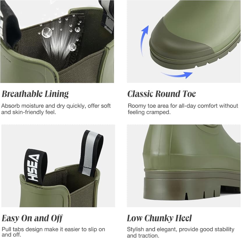 HISEA Women's Short Rain Boots Fashion Waterproof Chelsea Boots Ankle Garden Shoes for Ladies Non Slip Outdoor Work Booties Lightweight Rubber Rainboots with Comfort Insole