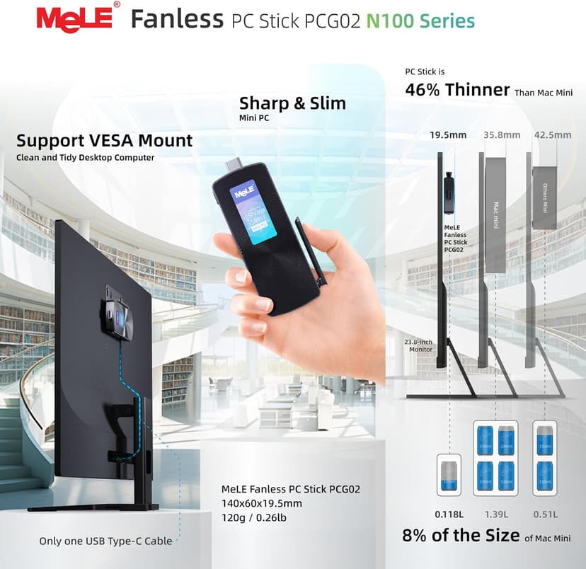 MeLE Fanless Mini PC Stick PCG02, N100 Compute Stick with Windows 11 Pro, 8GB 128GB Micro Desktop Computer, Full Functional USB-C, Gigabit Ethernet BT5.1 on Business Office Industrial IoT Home