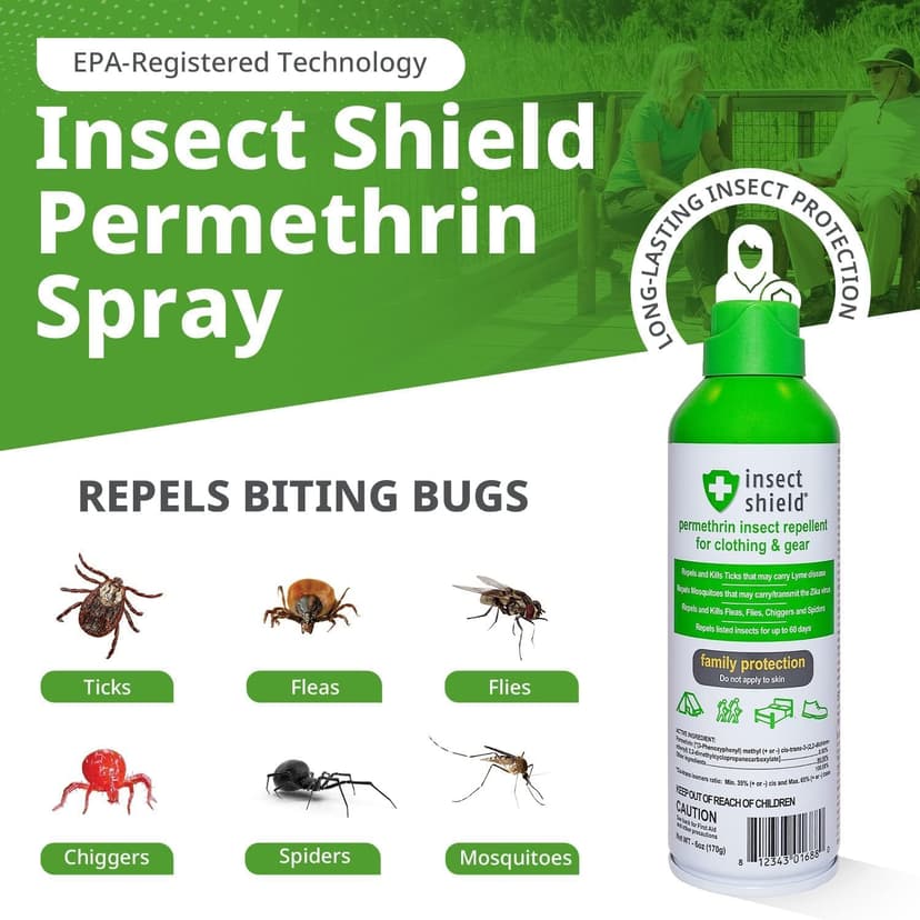Insect Shield Premium Permethrin Spray - Tick, Flea, Fly, Mosquito, Chigger, Spider & Bed Bug Repellent for Clothing, Gear, Furniture, & Tents, Last up to 60 Days, Clear, 6 Oz Aerosol