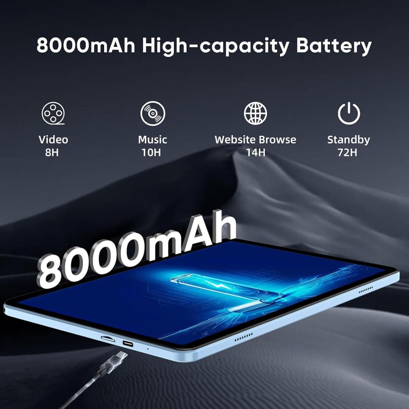 WXUNJA Android 15 Tablet,11 Inch Tablets with Octa Core Processor, 12GB RAM 128GB ROM 1TB Expand, Widevine L1, 8000mAh Battery, 2.4/5Ghz Dual WiFi/GPS/FM, 5/8MP Cameras, Case Included, Blue