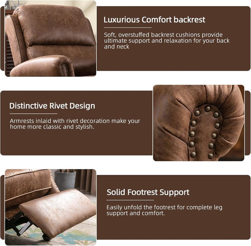 IOMOR Push Back Recliner Chair Faux Leather Lounge Armchair with Rivet Decoration Wingback Single Sofa Chair with Padded Seat Solid Wood Legs for Living Room, Chocolate