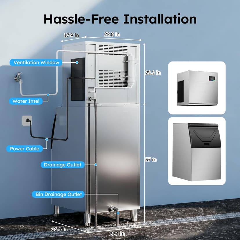 Commercial Ice Maker Machine, 680LBS/24H Ice Production with 560LBS Storage Bin, Industrial Ice Machine with Self-Cleaning, 12 Adjustable Ice Thickness Levels, Stainless Steel