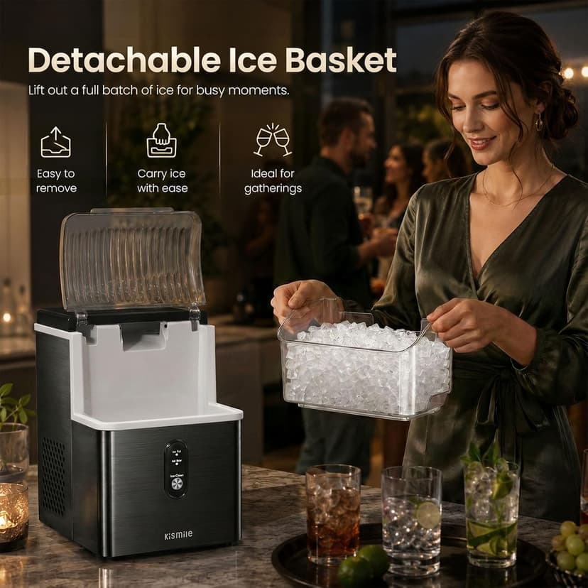 Kismile Nugget Ice Maker Countertop, 35Lbs/24H Pebble Ice Maker with Chewable Pellet ice, First Ice in 7 Mins, Self-Cleaning Ice Machine with Removable Basket for Home & Kitchen(Black)