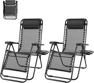 NEWBULIG Zero Gravity Chair Set of 2, Lounge Chair Folding Portable Adjustable Camping Reclining Chairs with Adjustable Pollow, Mesh Back, Cup Holder Trays Lawn Patio Chair for Pool Beach