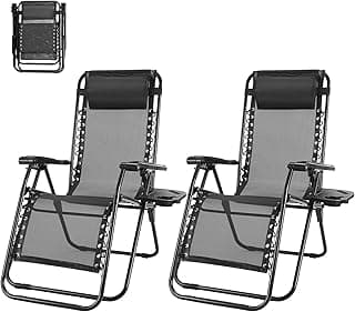 NEWBULIG Zero Gravity Chair Set of 2, Lounge Chair Folding Portable Adjustable Camping Reclining Chairs with Adjustable Pollow, Mesh Back, Cup Holder Trays Lawn Patio Chair for Pool Beach