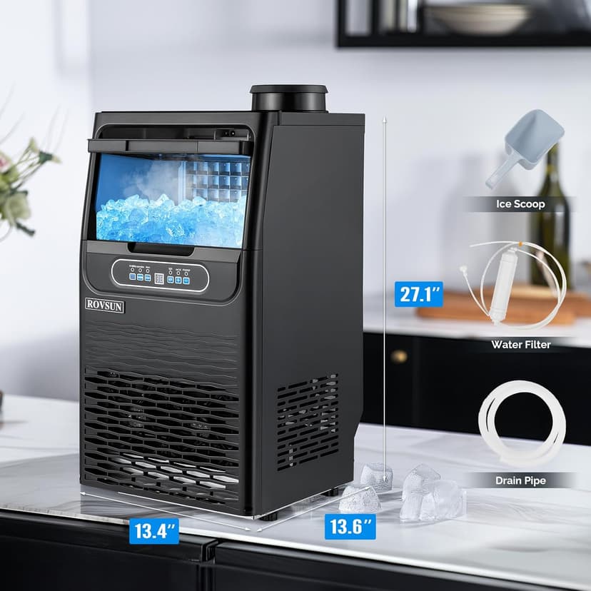 ROVSUN 110LBS/24H Commercial Ice Maker Machine with 50lbs Storage Bin, Freestanding/Countertop Ice Machine with 2 Water Inlets, Ice Scoop & Water Filter for Home Office Restaurant Bar Cafe Use
