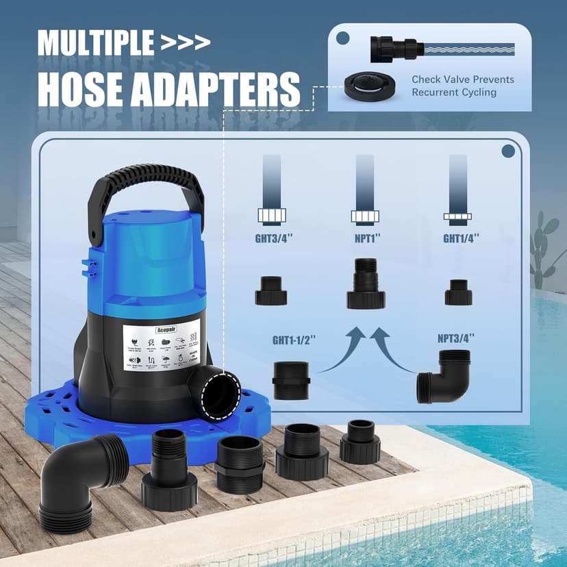 1 HP Automatic Swimming Pool Cover Pump, 5000 GPH 115V Submersible Pump with 3/4” Check Valve Adapter & 26ft Power Cord, Water Removal for Pool, Hot Tubs, Rooftops, Water Beds and more