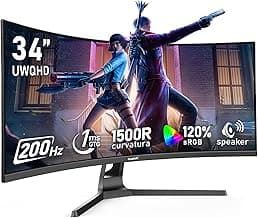 Gawfolk 34 Inch Ultrawide Curved 200Hz Gaming Computer Monitor,1500R PC Screen 21:9 UWQHD (3440x1440),120% sRGB,Adaptive Sync,Built-in Speaker,Display Port、HDMI,Compatible with Wall mounting -Black