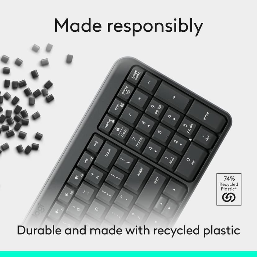 Logitech K250 Bluetooth Keyboard with Numpad, Easy Connectivity, Compact Wireless Keyboard Made with Recycled Plastic, Spill-Resistant, Comfortable Keys - Windows/MacOS - Graphite