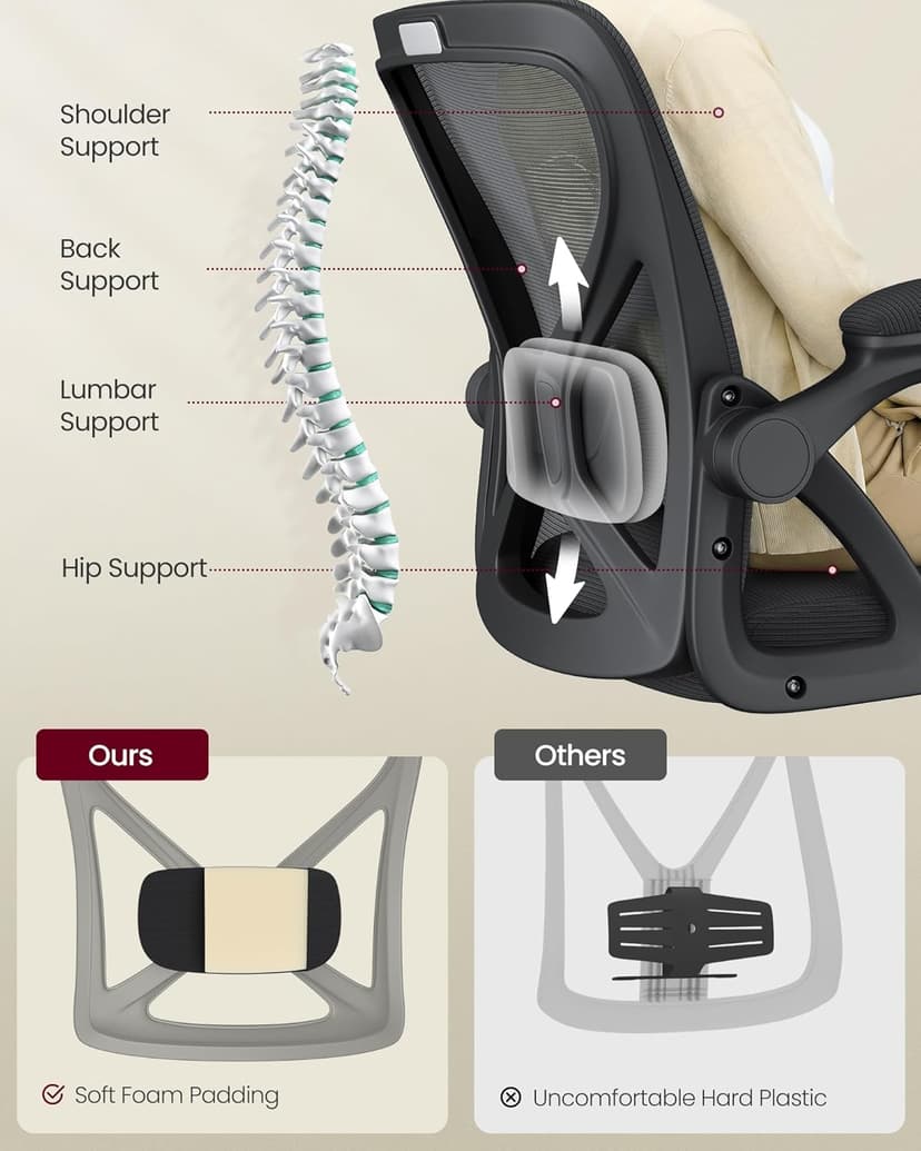 VASAGLE Ergonomic Mesh Office Chair with Adjustable Lumbar Support, 90-105° Tilt Function, Wide Seat, Flip‑Up Armrests, Computer Desk Chair for Home Office, Ink Black UOBN045BH01S