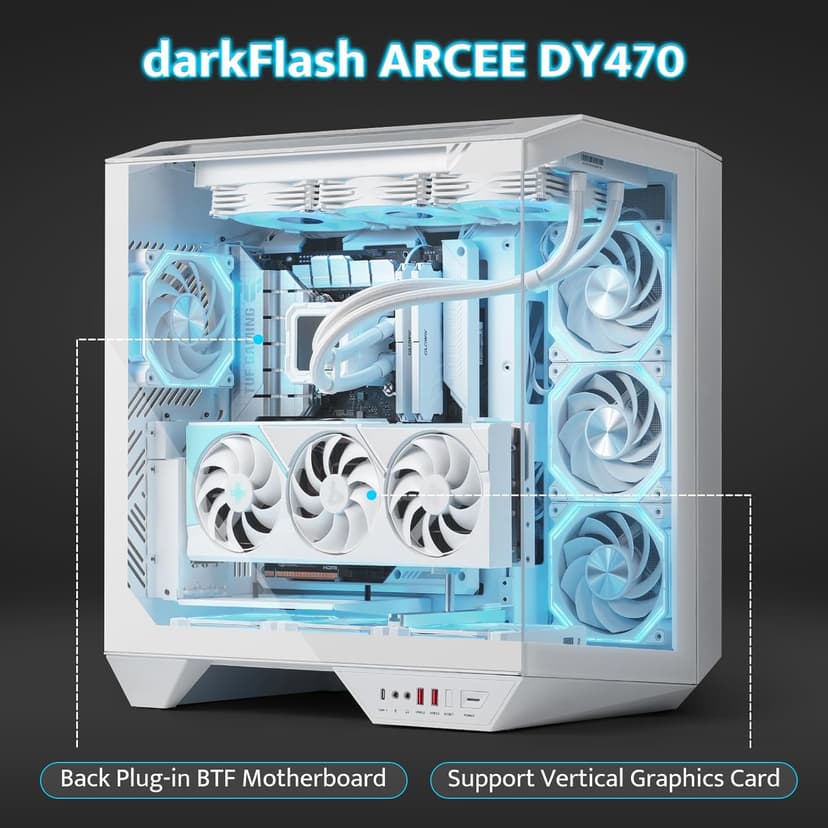 darkFlash Full-Tower ATX Gaming PC Case, Back Plug-in Motherboard, Vertical GPU Mounting, Dual-Chamber, Panoramic Glass, Up to 2 x 360mm Radiators, RTX 40 Compatible(DY470) (1 PWM ARGB Fans, White)