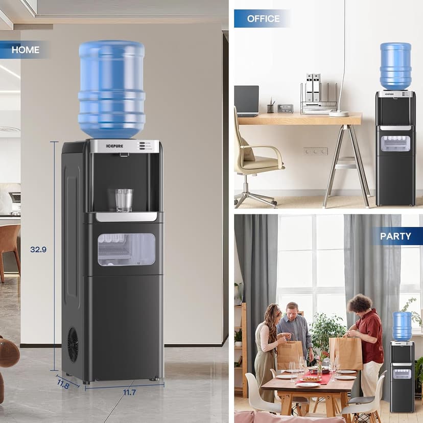 ICEPURE Water Cooler Dispenser with Build-in Ice Maker, Hot and Cold Water Dispenser with Bullet Ice Maker, 33lbs/24H, Child-Lock,Top Loading