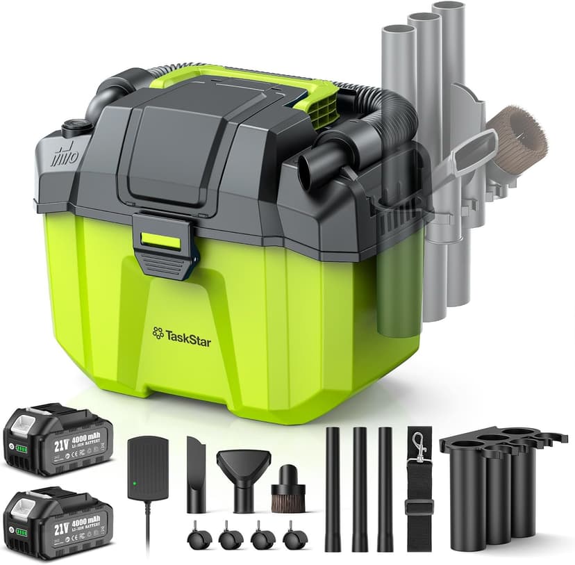 TaskStar Cordless Shop Vac, 2.6 Gal 2x4.0Ah Battery Powered Shop Vac, 3-in-1 Cordless Shop Vacuum Wet and Dry with Strap, 4 Wheels, Accessory Storage Holder, Ideal for Garage, Car, Workshop