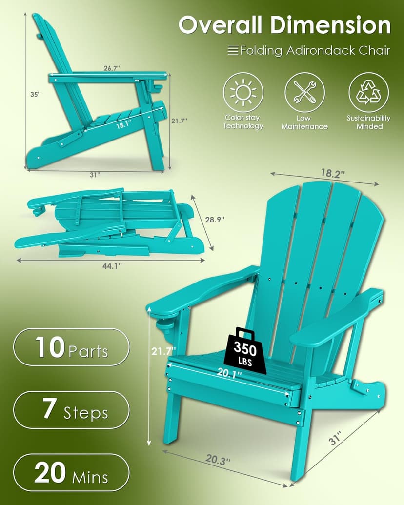 GREENVINES Folding-Adirondack-Chairs-Set-of-2 | w/Cup Holder | HDPE Plastic | All-Weather Patio Fire Pit Chairs | for Outdoor Poolside Deck | Aqua