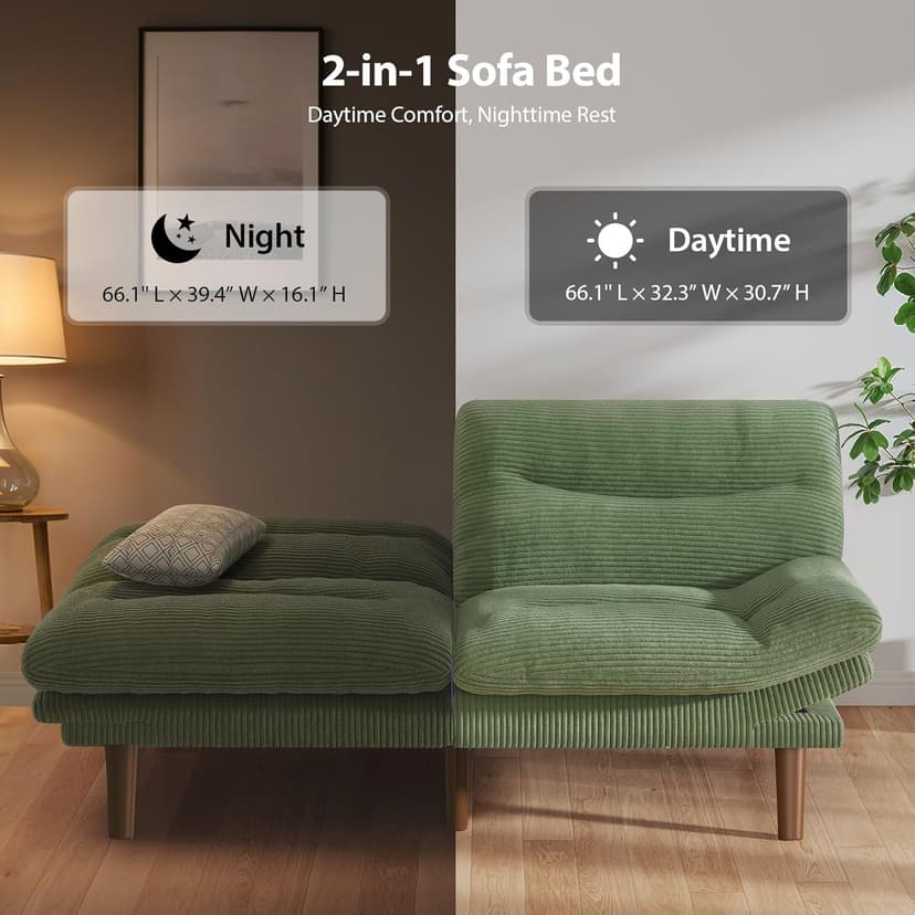Pipishell 75" Futon Sofa Bed, Convertible Corduroy Space-Saver Couch with Adjustable Back & Armrests, Recliner Sleeper for Small Apartments, Office, Guest Room (Green) | Space-saver