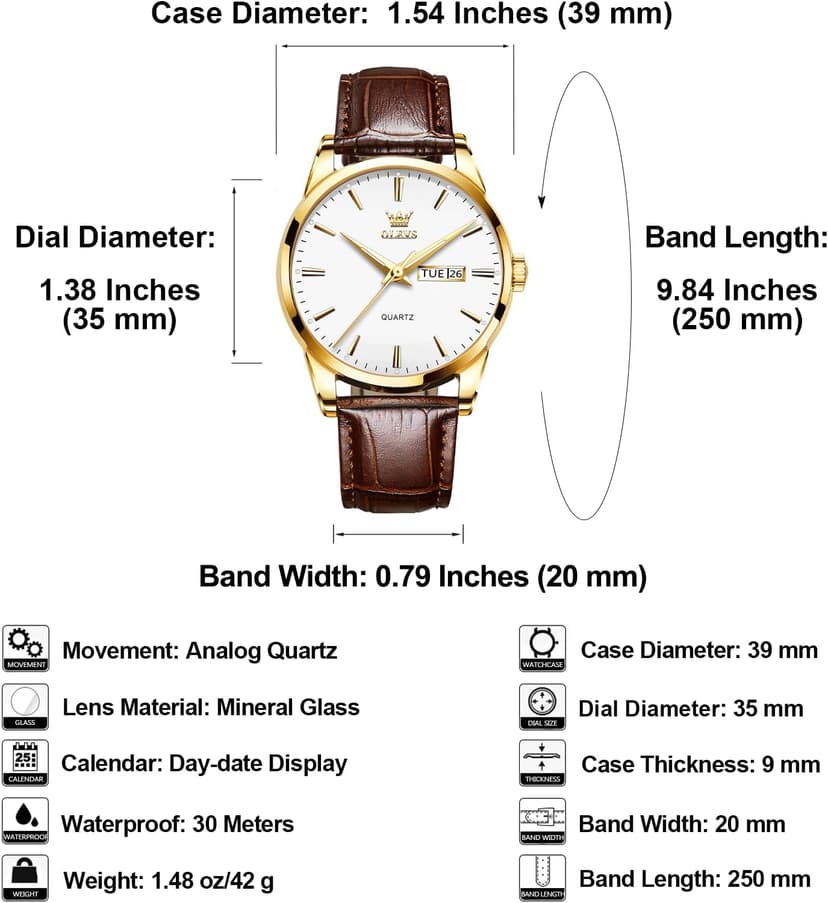 QBAIZI Men's Casual Leather Watch, Easy to Read Three-Hand Analog Stainless Steel Watches for Men, Minimalist Day Date Waterproof Luminous Mens Quartz Wristwatch